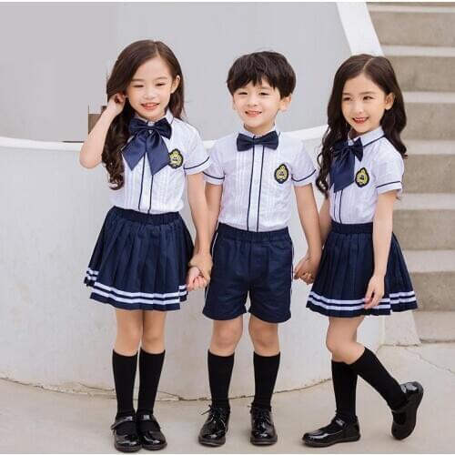 Summer Children Primary School Uniform Girls Boys White Shirt Top Navy Skirts Pleated Shorts Suits Kindergarten Chorus Clothes