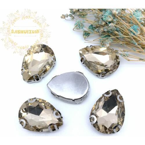 Best-selling! Light coffee Water drop shape Glass Crystal sew on rhinestones with D-SHAPE claw Diy Wedding dress and Shoe
