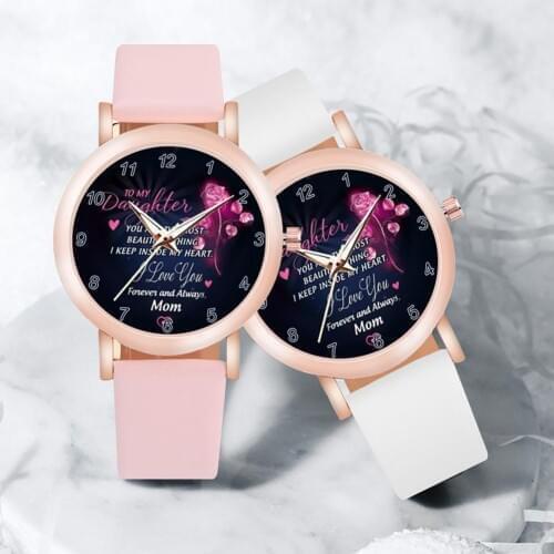 Fashion Womens Watch Rose Pattern Dial Heart Shape Pendant Faux Leather Band Classic Quartz Watch for Women Mothers' Day Gift