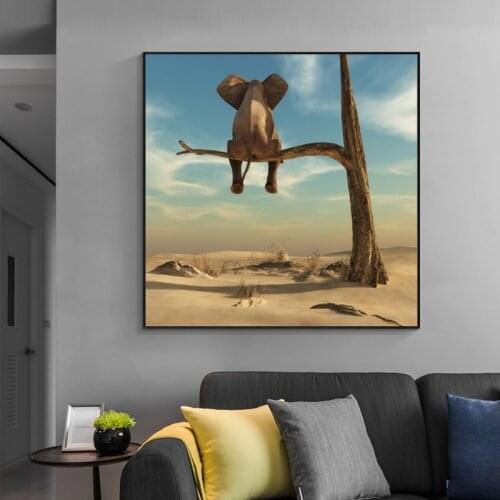 Funny Little Elephant on Tree Modern Canvas Painting Wall Art Animal Pictures Nordic Posters and Prints for Kids Room Home Decor