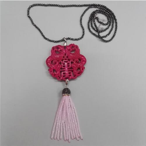 Charms Classic Traditional Chinese Ancient Vintage Pattern Rose Pink Stone Angular Beaded Tassel Hematite Chain Pendant Necklace