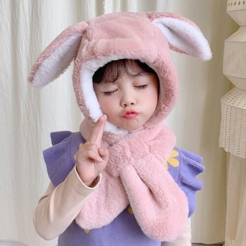 Rabbit Ear Hat and Scarf Sets for Kids Ear Head Neck Protection Cap Warm-Keep Winter Integrated Hat Apparel Accessories