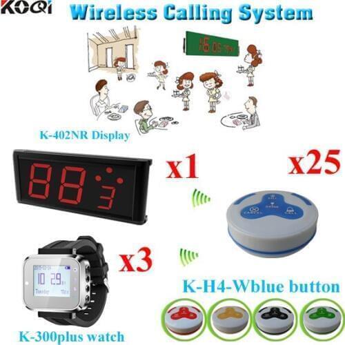Transmitter Calling Paging System Wireless Call Guest Pager Button Bells For Restaurant (1 display+ 3 watch+25 call bell)