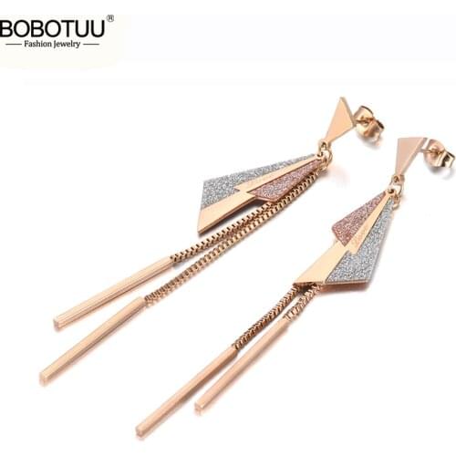 BOBOTUU Fashion Titanium Steel Geometric Triangle Tassel Drop Earrings For Women Bohemia Chain Dangle Earrings Jewelry BE19193