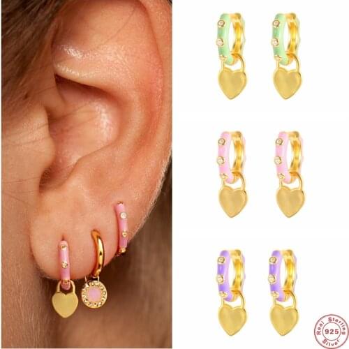 Aide 925 Sterling Silver Colored Enamel Circle Heart Pendant Hoop Earrings For Women Bright Candy Color Huggie Earrings Jewelry