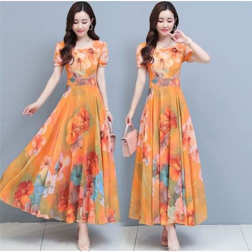 2021 High Quality Boho Chiffon Maxi Dress Fashion Slim Ladies Short Sleeve Elegant Printed Women Dress Summer Vestidos M021