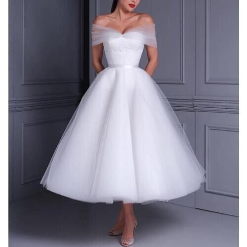 Vintage Vintage Short Tulle Wedding Dresses A-Line Tea Length Pleated Off Shoulder Kurz White Bridal Gowns for Women
