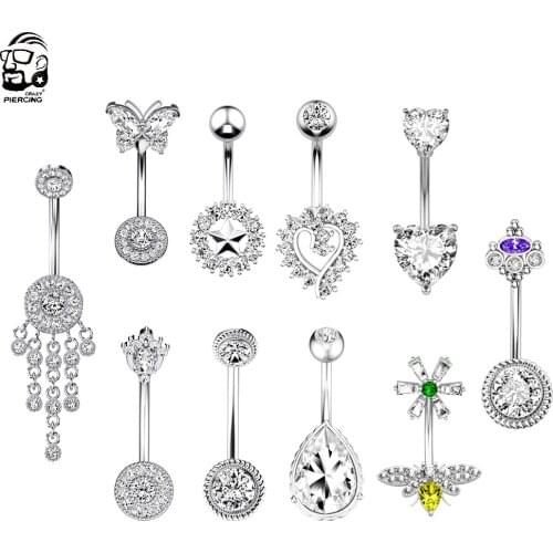 1PCS Elegant Belly Piercing Crystal Belly Button Ring 14G Long Dangle Flower Navel Piercing Sexy Navel Bar Cute Belly Ring Party