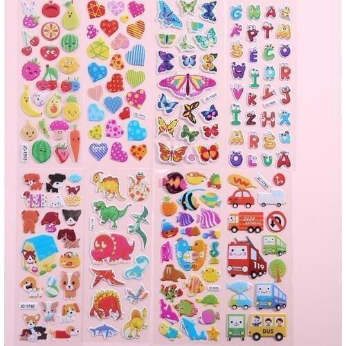 10sheet/lot Childrens cartoon car fish fruit stickers puzzle early education bubble stickers animals digital dinosaurs YJN