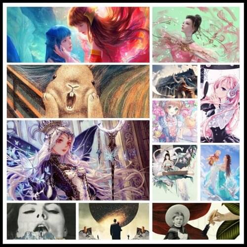 Diamond Painting Anime Red Blue Haired Beauty Pink Costume Fairy Surreal Style Creative Watercolor Painting Funny Rabbit Picture