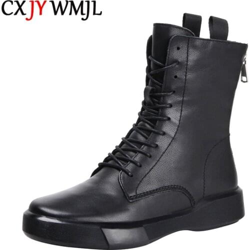 CXJYWMJL Genuine Leather Women Martin Boots Autumn Retro Booties Ladies Winter Shoes Back Zipper Fashion Motorcycle Ankle Boots