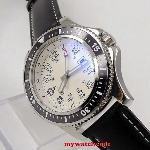 44mm bliger white dial 316L stainless steel case black ceramics bezel leather strap miyota 8215 mens watch date window