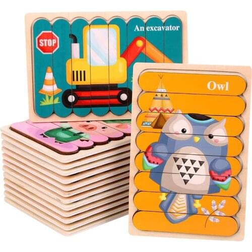 Wooden Animal 3D Puzzle Toys For Kids Montessori Double-sided Strip Puzzle Fruit Traffic Jigsaw Educational Children Toy Gift