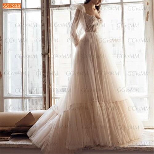 Elegant Ivory Wedding Dress 2021 Bohemian robe de mariée Custom Made vestidos de novia Long Sleeves Tulle matrimony Bridal Gown