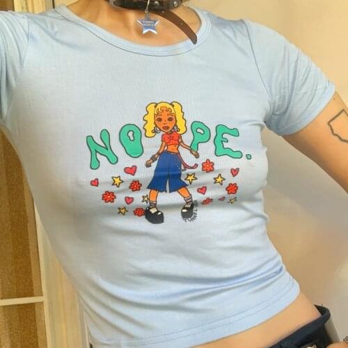 Graphic Cartoon Printed T-shirt Harajuku Young Ladies Short Sleeve Crop Top Y2K Aesthetic Women Slim Fit Tee E-girl Streetwear