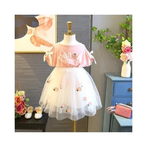 Summer girl dress suit new version of the small and medium children strawberry short-sleeve T-shirt net yarn dress two-piece