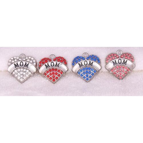 New 1 inch*1 inch 100pcs a lot rhodium plated zinc studded with sparkling crystals MOM Crystal Heart Pendant