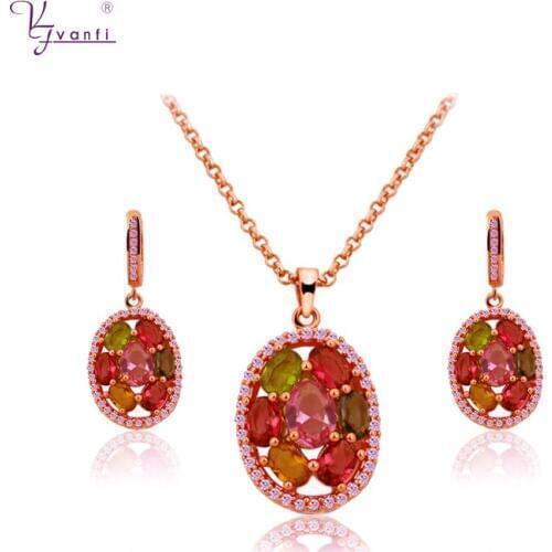 New Style Colorful AAA Zircon earring And Necklace Rose Gold Plate Fine Jewelry Sets Multicolor Austrian Crystal Gfit For Women