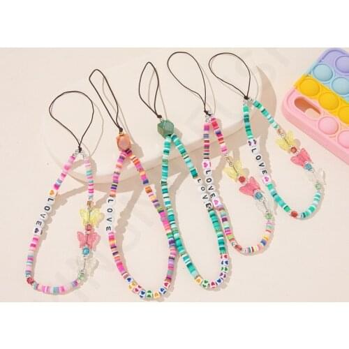 New Bohemia Colorful Soft Ceramic Mobile Phone Chain Lanyards for Women Girls Acrylic Butterfly Rope For Phone Case Hanging Cord