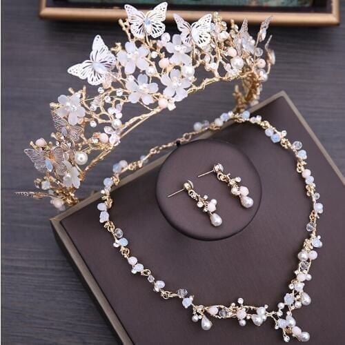 Charming Floral Bridal Crown Necklace Earrings Set Wedding Prom Accessories Women Gold Jewelry Sets