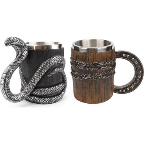 Double Insulated Beer Cup Beer Mugs Viking Wooden Barrel Big Drinking Mug for Birthday Gift Barrel Wine Tumbler Horseshoe Cobra