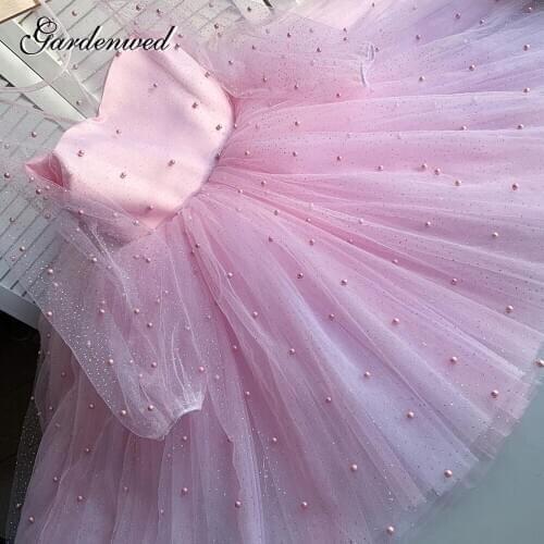 Puffy Pink Tulle Pearls Girl Princess Dress Kids Transparent Scoop Communion Dress Long Sleeve Flower Gril Dresses Vestidos