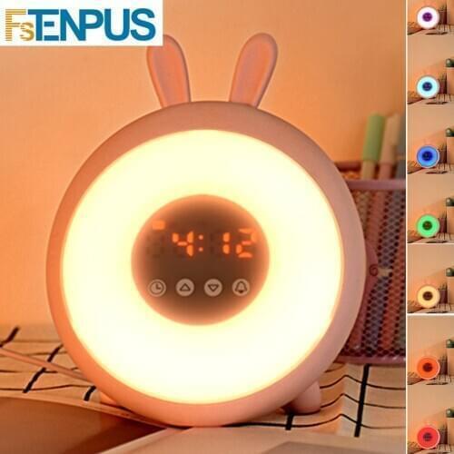Adjustable Gift Cartoon Sunrise Simulation Rabbit Alarm Clock Snooze Wake Up Light ABS Student Touch Button Colorful LED Bedside
