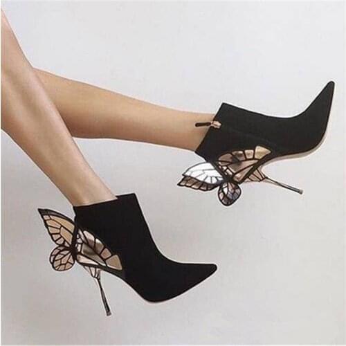Butterfly Wing Design Women Ankle Boots Autumn Winter Pointed Toe High Heel Boots Suede Botas Mujer Valentine Shoes