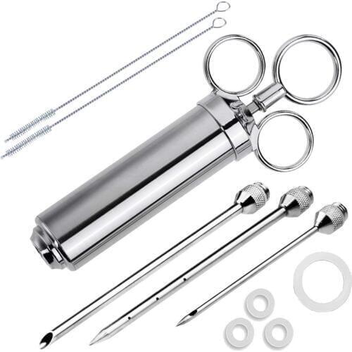 Meat Injector Syringe, 2-oz Marinade Flavor Injector 304 Stainless Steel with 3 Professional Needles,2 Cleaning Brushes and 4 Si