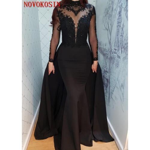 2019 Modern Sheer Evening Gown Black Lace Long Sleeves Evening Dress Detachable Train Party Dress Special Occasion Dresses