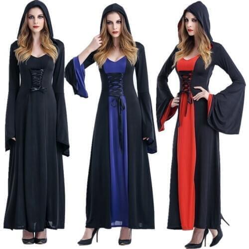 Renaissance Gothic Vampire Witch Costume Adult Fantasia Halloween Witch Hooded Fancy Party Masquerade Long Dress