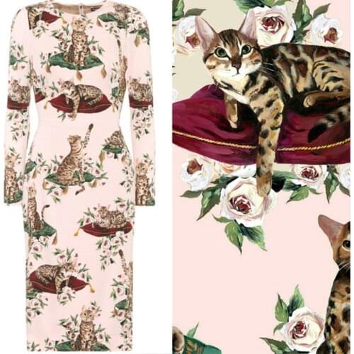 Light Polyester Printed Fabric Hand-painted Floral Cat Pattern Fabrics for Sewing Material for Dresses Skirts Cloth by Meter