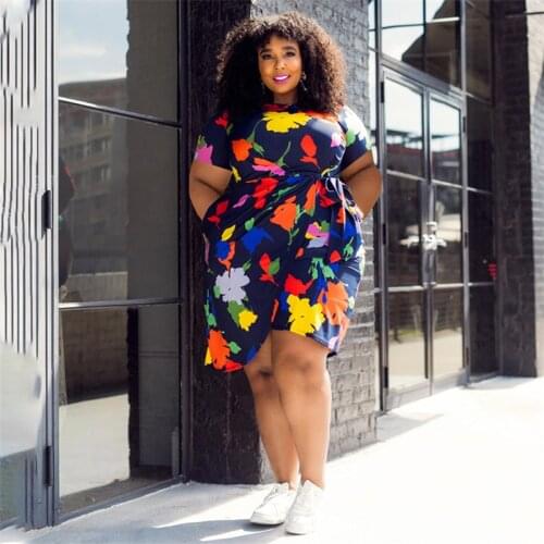 Plus Size Women Clothing Short Dresses Summer 2021 Ladies Streetwear O-Neck Floral Print Large Size Dress Dropshipping Wholesale