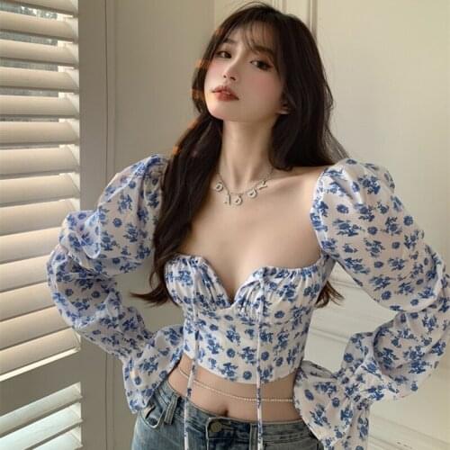 Summer Elegant Retro Long-Sleeved Shirt Womens Square Collar Puff Sleeve Long-Sleeved Short Top Floral Lace French Dress 2021
