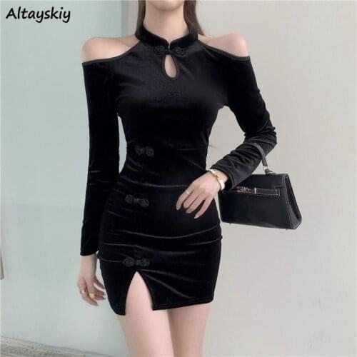 Skinny Dresses Women Velvet Vintage Bodycon Chinese Style Hollow Out Off Shoulder Spring Autumn Club Vestido Feminino Party Sexy