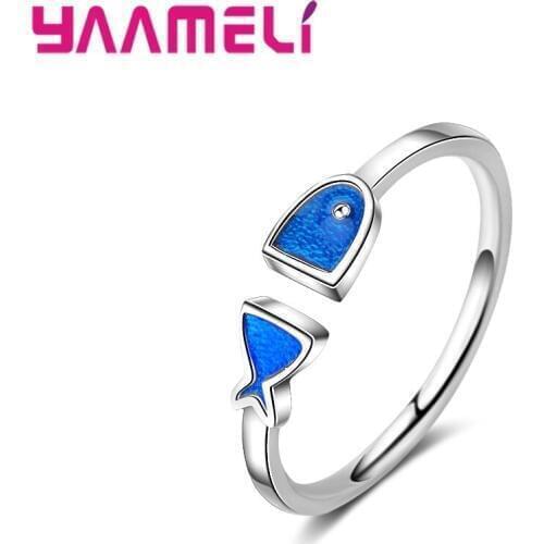 Cute Fish Design Opening Rings For Women Lady Girls 100% 925 Sterling Silver Sea Blue Animal Open Rings Wholesale