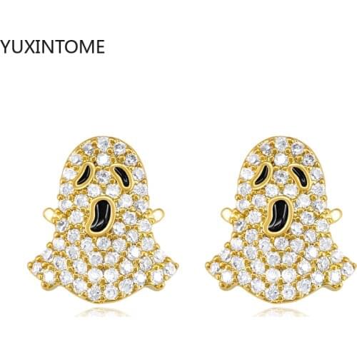 925 Sterling Silver Ear Needle Crystal Ghost Face Stud Earrings for Women Delicate Pave Cubic Zirconia Earrings Fashion Jewelry