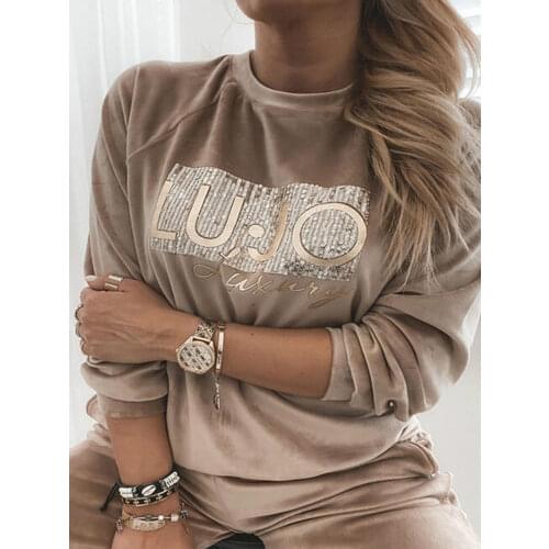 2 Piece Sets Women Velvet Tracksuit Gold Letters Printed Womens Sets Oversized Hoodies Pants Suits Conjunto Sudadera Mujer 2021