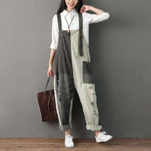 Denim Overalls Womens Vintage Denim Bib Jumpsuit Casual Long Rompers Female Distressed Patchwork Jeans Boyfriend Wide Leg Pants