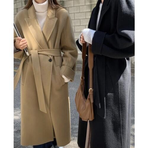 2021 Woolen Overcoat Split Hem Cardigan Women Autumn Winter Loose Long Wool Coat Jacket Belt Notched Collar