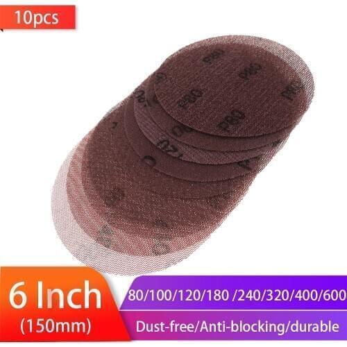 10pcs Mesh Abrasive Dust Free Sanding Discs 6Inch 150mm Anti-blocking Dry Grinding Sandpaper 80 to 600 Grit Velcro Sanding Sheet
