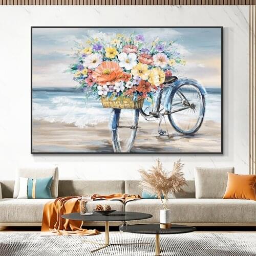 100% Hand Painted Bike Flower Oil Painting Modern Beautiful Landscape Canvas Painting Wall Art For Living Room House Decoration