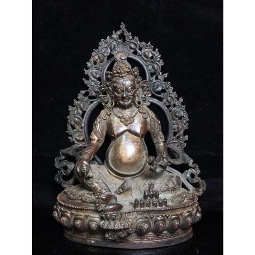 12" Tibet Buddhism Temple Old Bronze Cinnabars Yellow God of Wealth Buddha Statue Zang La Sebo The head of the gods of wealth