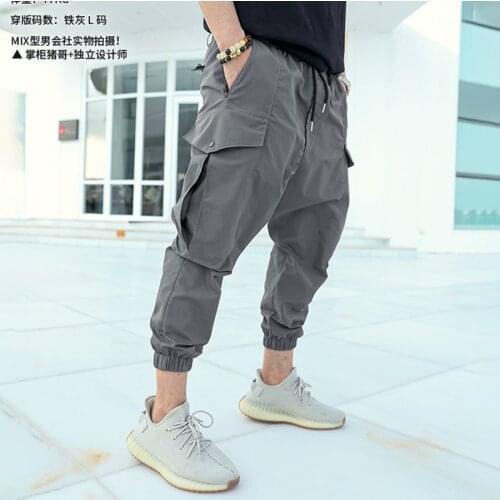 2021 spring and summer new style mens black overalls overalls pocket elastic waist casual pants leggings K7025