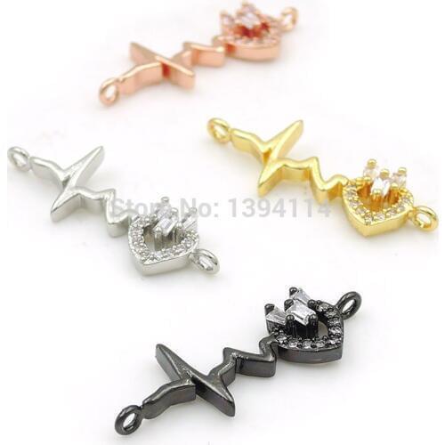 26*10*3mm Micro Pave Clear CZ Heartbeat Connectors Fit For Men And Women Making Bracelets Jewelry