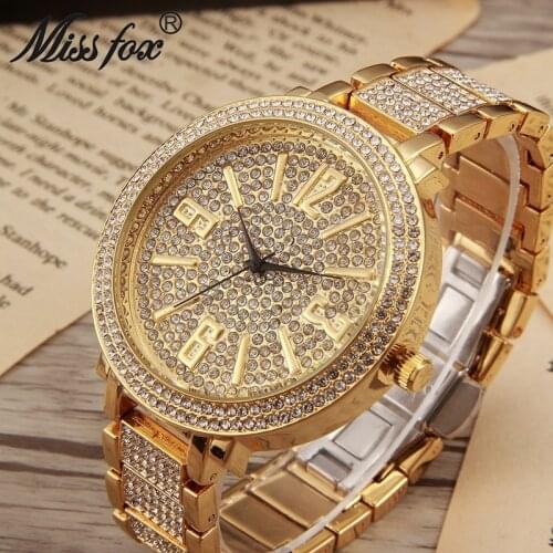 MISSFOX Watches For Women Big Face Fashion Japanese Quartz Movement Full Diamond Watch Female Large Dial Arabic Numeral Watches