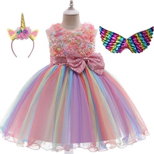Kids Unicorn Dress Summer For Girls Embroidery Flower Ball Gown Baby Girl Sleeveless Sequin Bow Net Lace Dress Children Clothing