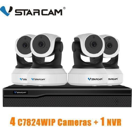 VStarcam 1 NVR 8CH + 4 PCS C7824WIP 720P HD Wireless IP Camera IR-Cut Night Vision Audio Recording Network CCTV Indoor IP Camera