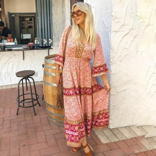 Jastie 2021 Bohemian Women Dress V-Neck Floral Print Flare Sleeve Half Sleeve Bow Lace-Up Maxi Dresses Summer Beach Party Dress