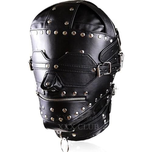 Pu Leather Bondage Hood with Posture Collar and Zippers SM Totally Enclosed with Blindfold Zip Locking Slave Head Hood